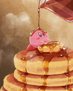 Kirby character on stack of pancakes with syrup