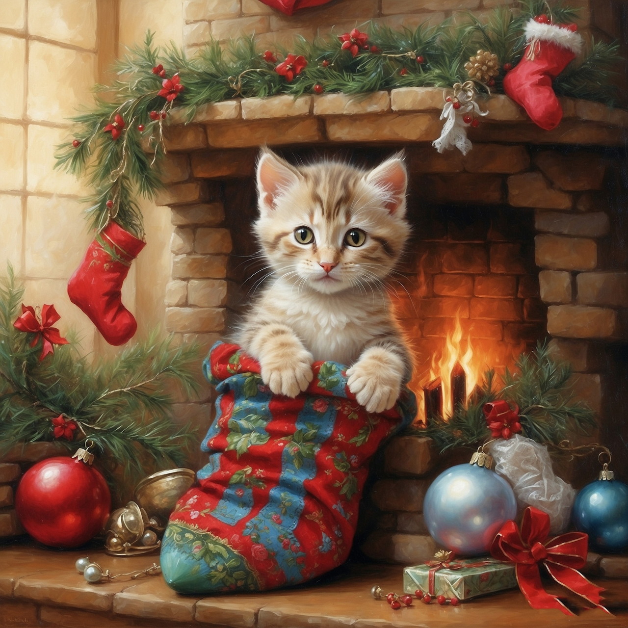 Kitten in Christmas stocking by decorated fireplace with ornaments and fire