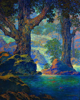 Colorful painting of tall trees and a blue-green stream in a forest landscape