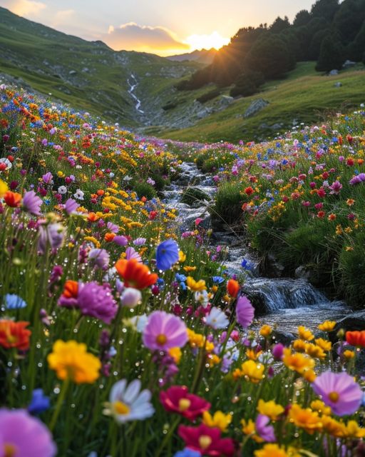 Colorful wildflowers blooming beside a mountain stream at golden hour with forested hills beyond