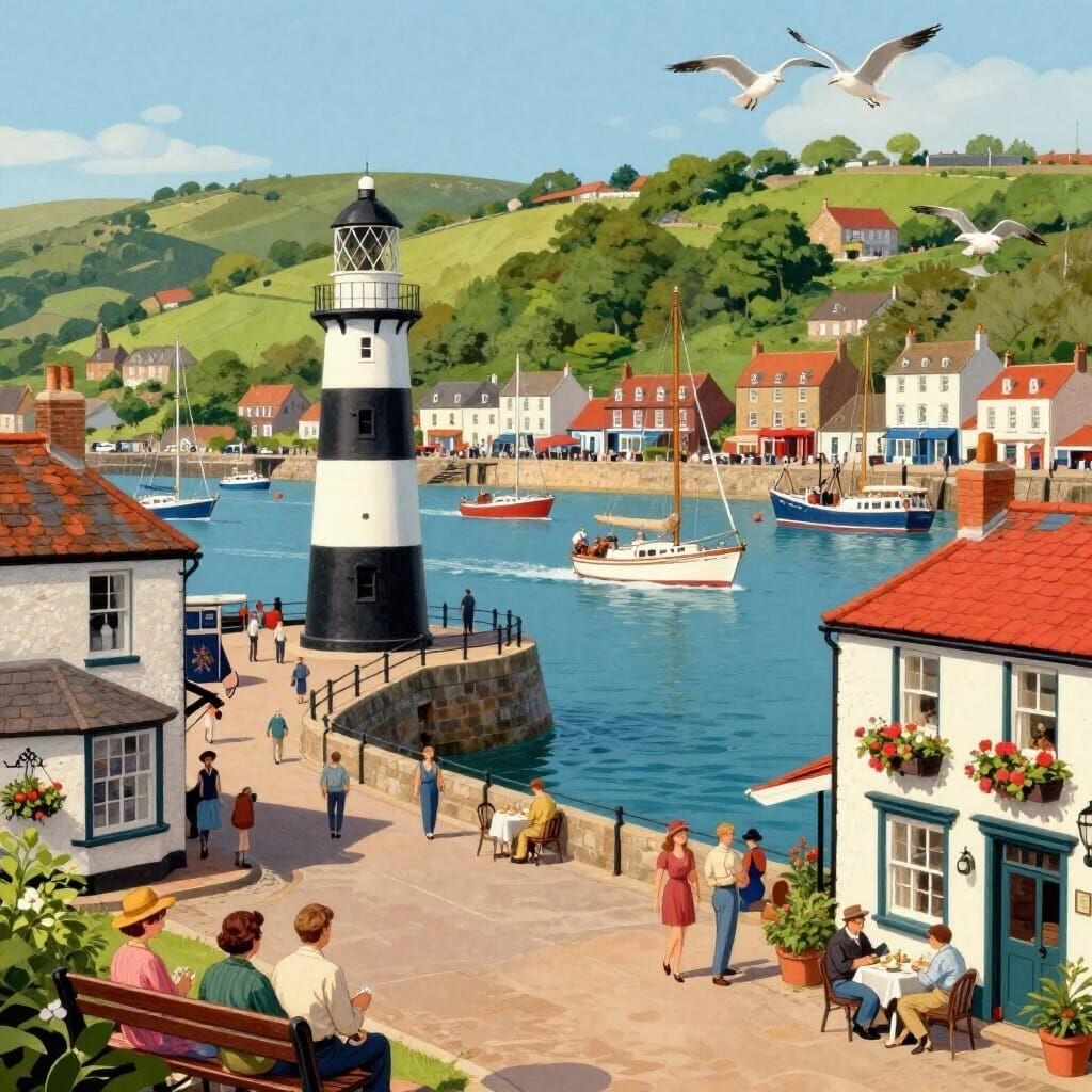Painting of a harbor village with a black-and-white lighthouse, boats, houses, and people along the waterfront