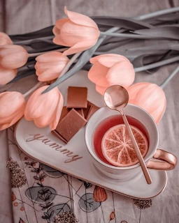 Pink tulips beside a cup of tea with dried citrus slices and a spoon in a pastel flat lay.