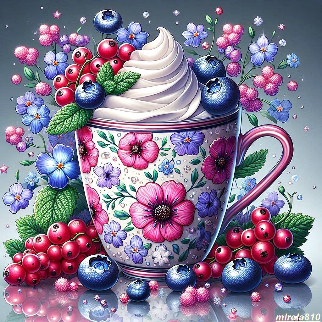 Floral Mug With Beries and Cream