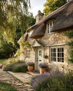 Stone cottage with thick thatched roof, white door, windows, lavender plants, and garden path