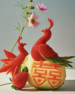Intricate watermelon carving of two peacocks with a melon engraved with Chinese double happiness character and pink flowers
