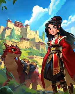 Mulan in red and white robes with black hair standing beside a small red dragon in front of an Asian palace