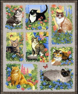 Grid collage of illustrated cats and kittens with flowers and butterflies in decorative frames