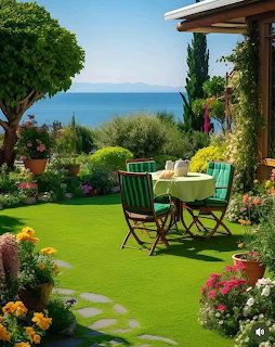 Garden patio with green chairs, vibrant flowerbeds, and ocean horizon