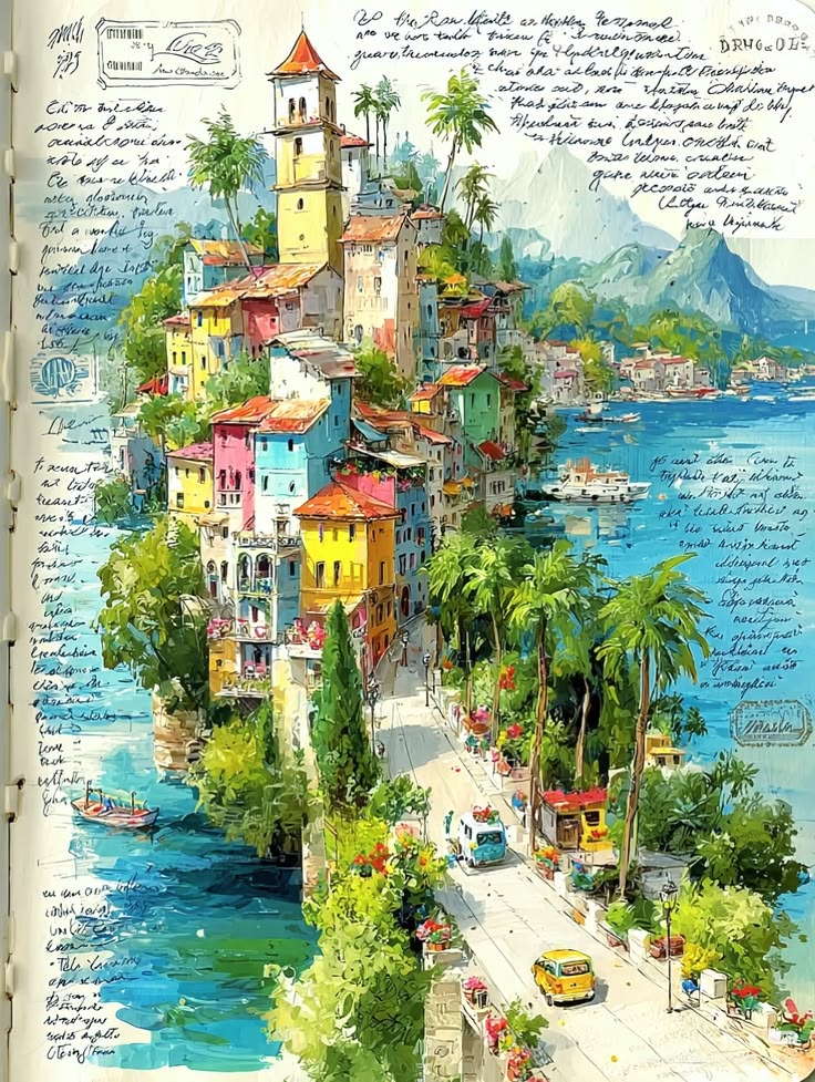 Colorful Coastal Village Sketch