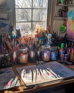 Artist desk covered with jars of paintbrushes and art supplies near a sunlit window