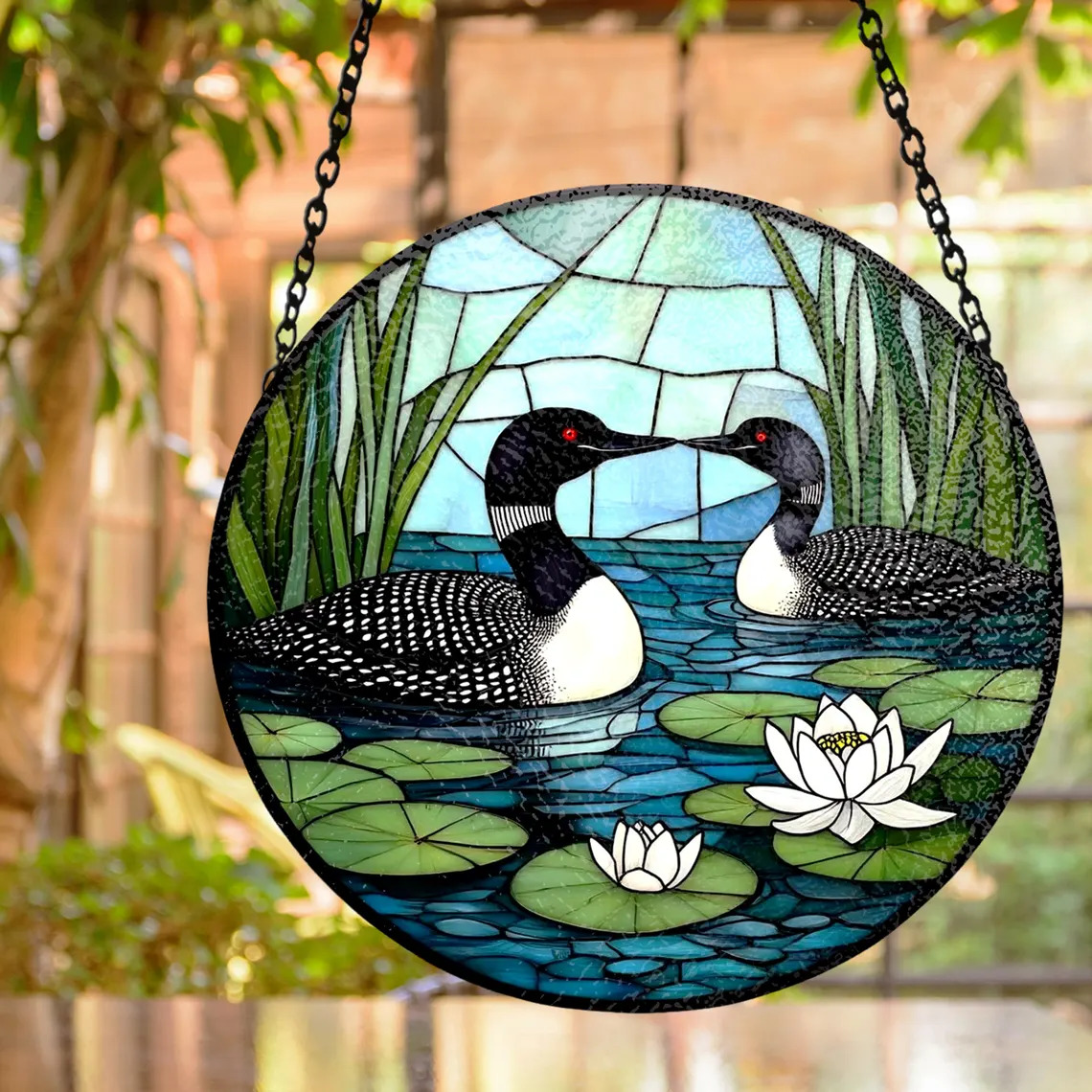 Round stained glass suncatcher depicting two loons on water with lily pads and reeds