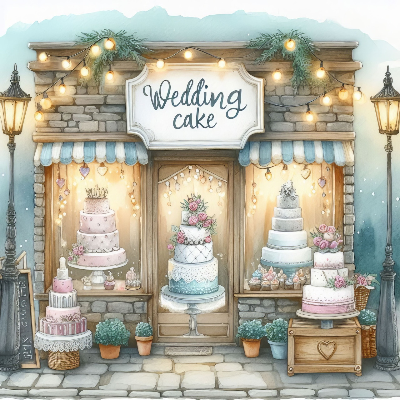 Illustrated wedding cake shop storefront with tiered cakes, flowers, and warm string lights