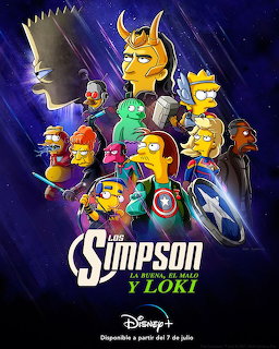 Simpsons characters dressed as Loki variants on a movie poster with purple lightning background