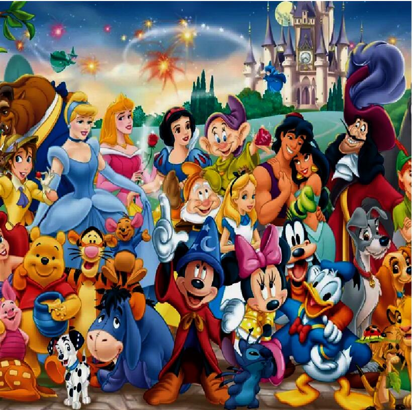 Group illustration of Disney animated characters including princesses, Mickey Mouse, and other classic Disney figures