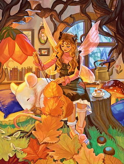 Fantasy illustration of a fairy sewing beside two mice in a cozy treehouse with autumn leaves