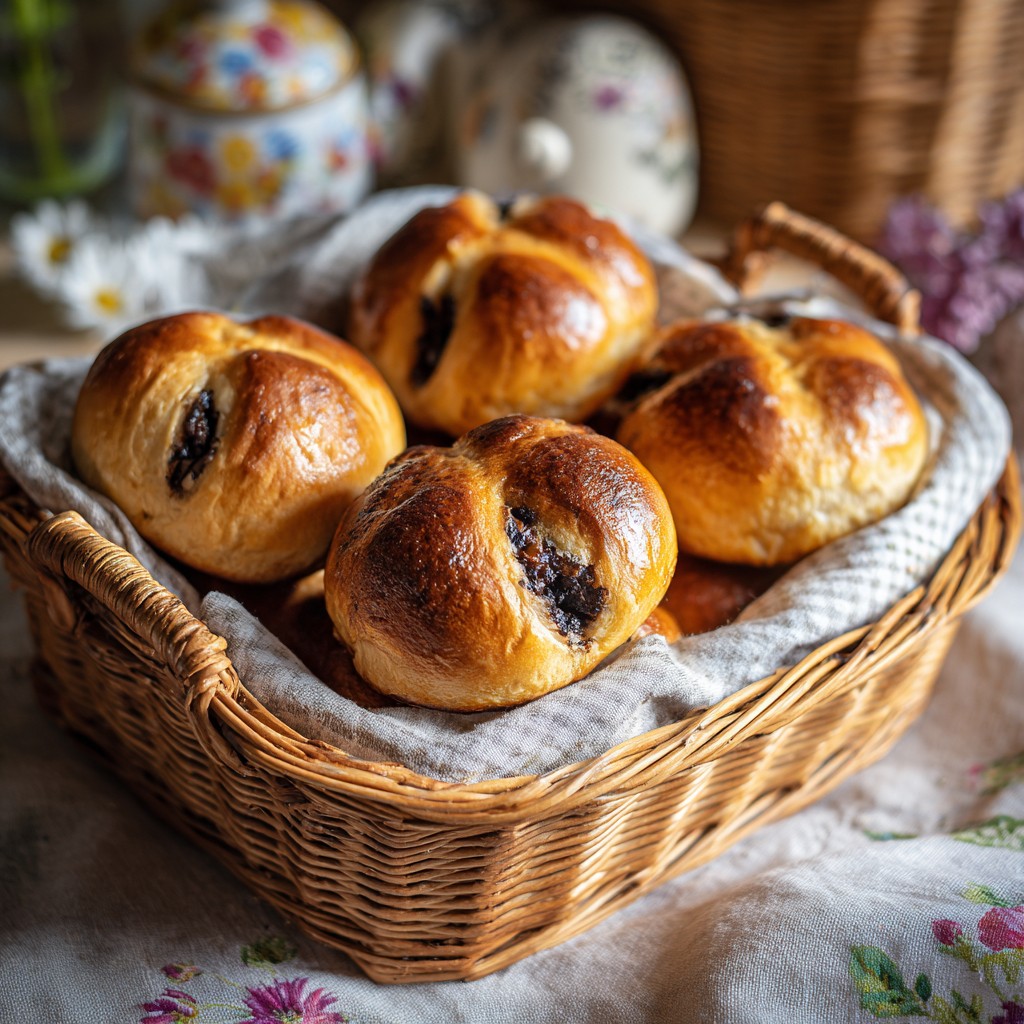 Four golden brioche buns with raisins in a wicker basket lined with white cloth on a floral tablecloth