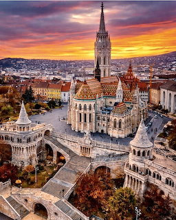 Budapest skyline with Matthias Church and Fisherman's Bastion at sunset