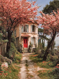 Cottage with pink blossom trees and a path leading to a red front door