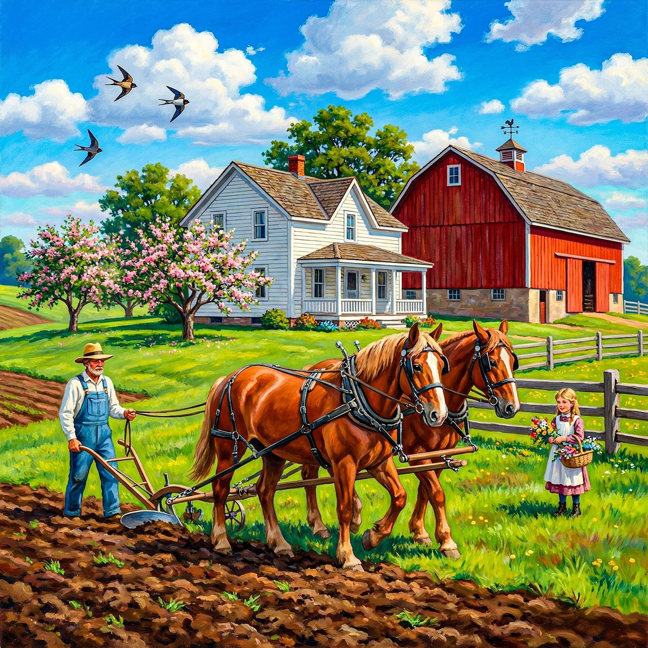 Farmer plowing field with two draft horses while children watch, with red barn and white farmhouse in background