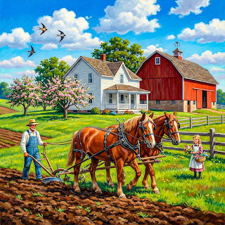 Farmer Plowing Field with Horses