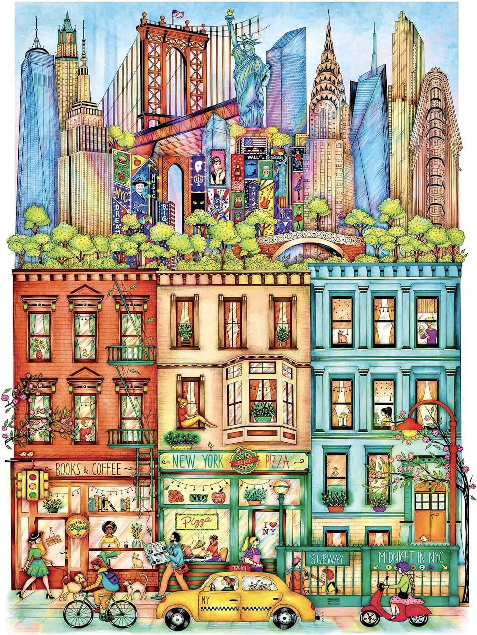 Colorful drawing of a New York street with row houses, yellow cabs, and skyline landmarks behind