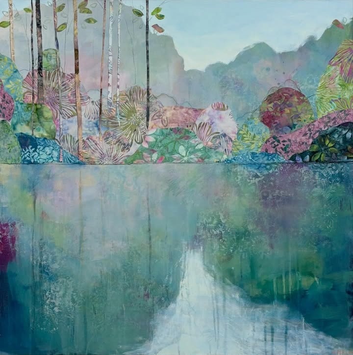 Colorful painting of a tranquil lake surrounded by tropical plants, trees, and misty mountains