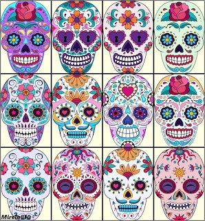 Twelve decorative Mexican sugar skulls arranged in a grid, each with colorful floral and geometric patterns