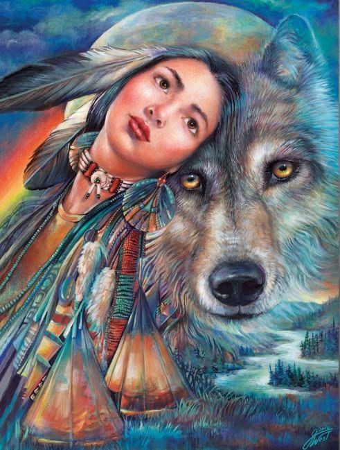 Painting of a Native American woman with feathers beside a grey wolf under a crescent moon
