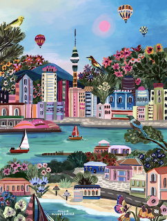 Colorful painted harbor city with flowers, sailboats, hot air balloons, and a tall tower