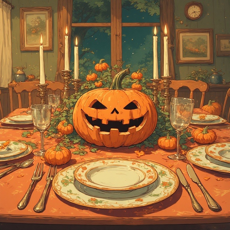 Halloween dining table with glowing jack-o'-lantern centerpiece, candles, fine china place settings, and small pumpkins