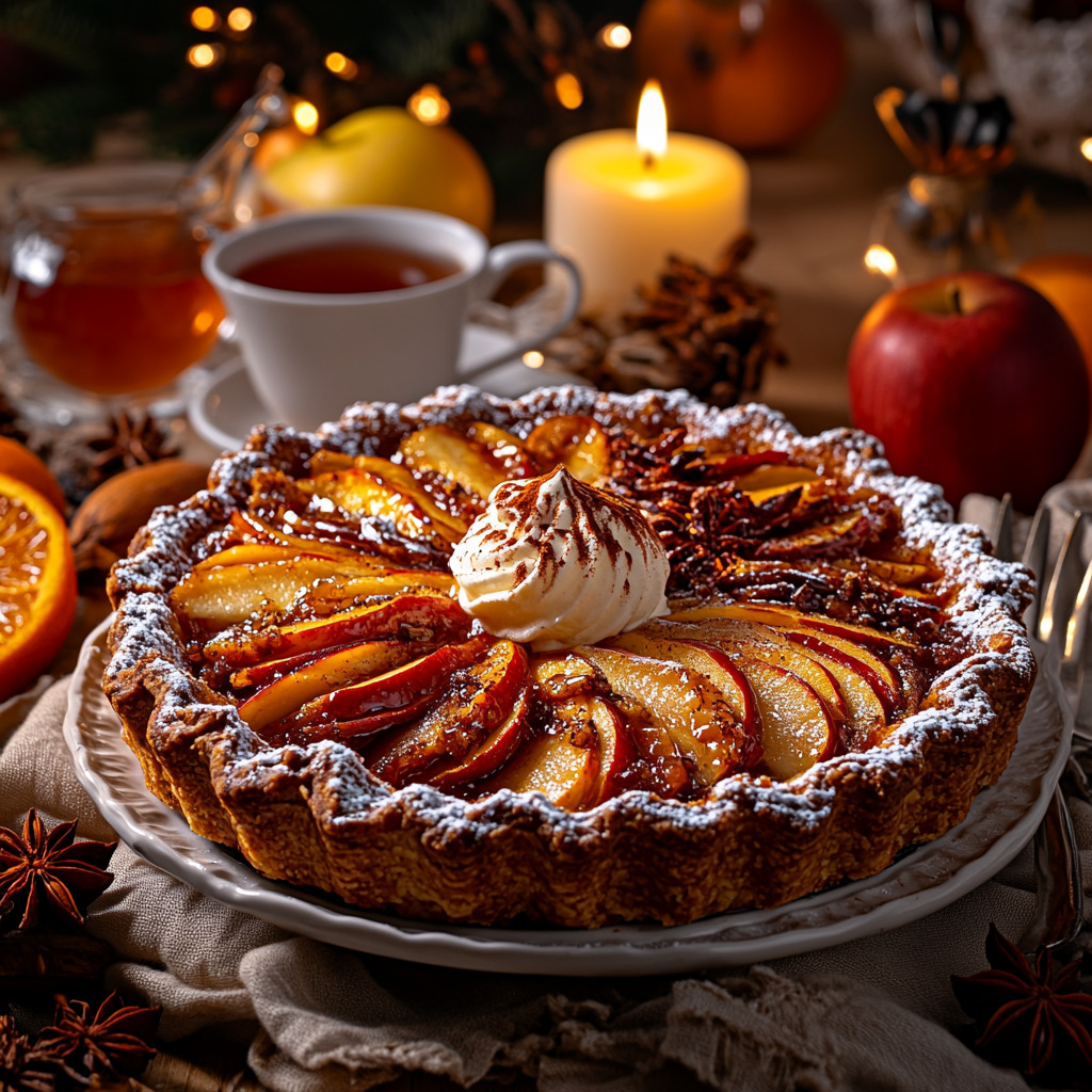Apple tart with caramelized slices arranged in a spiral pattern, surrounded by tea cups, candles, and holiday decorations