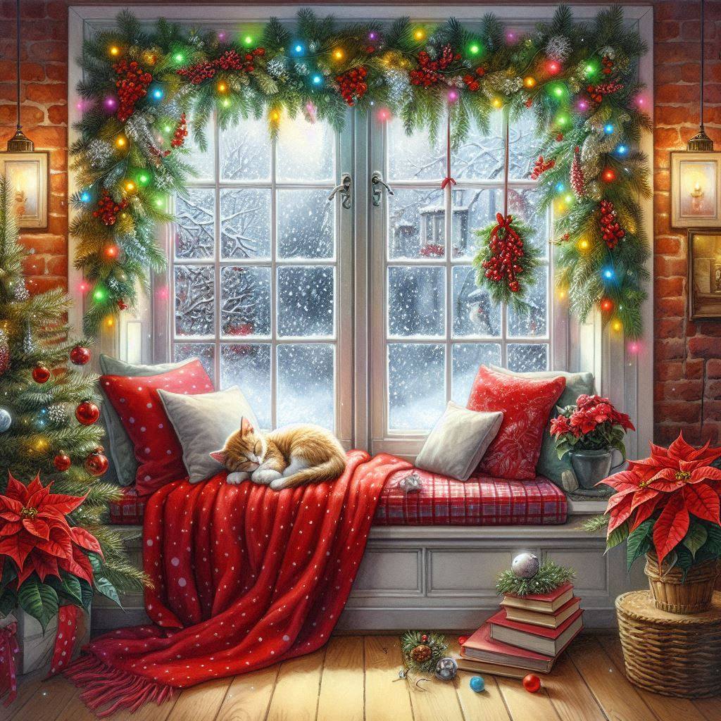 Cozy Christmas window seat with a sleeping cat, lights, garlands, and snow outside