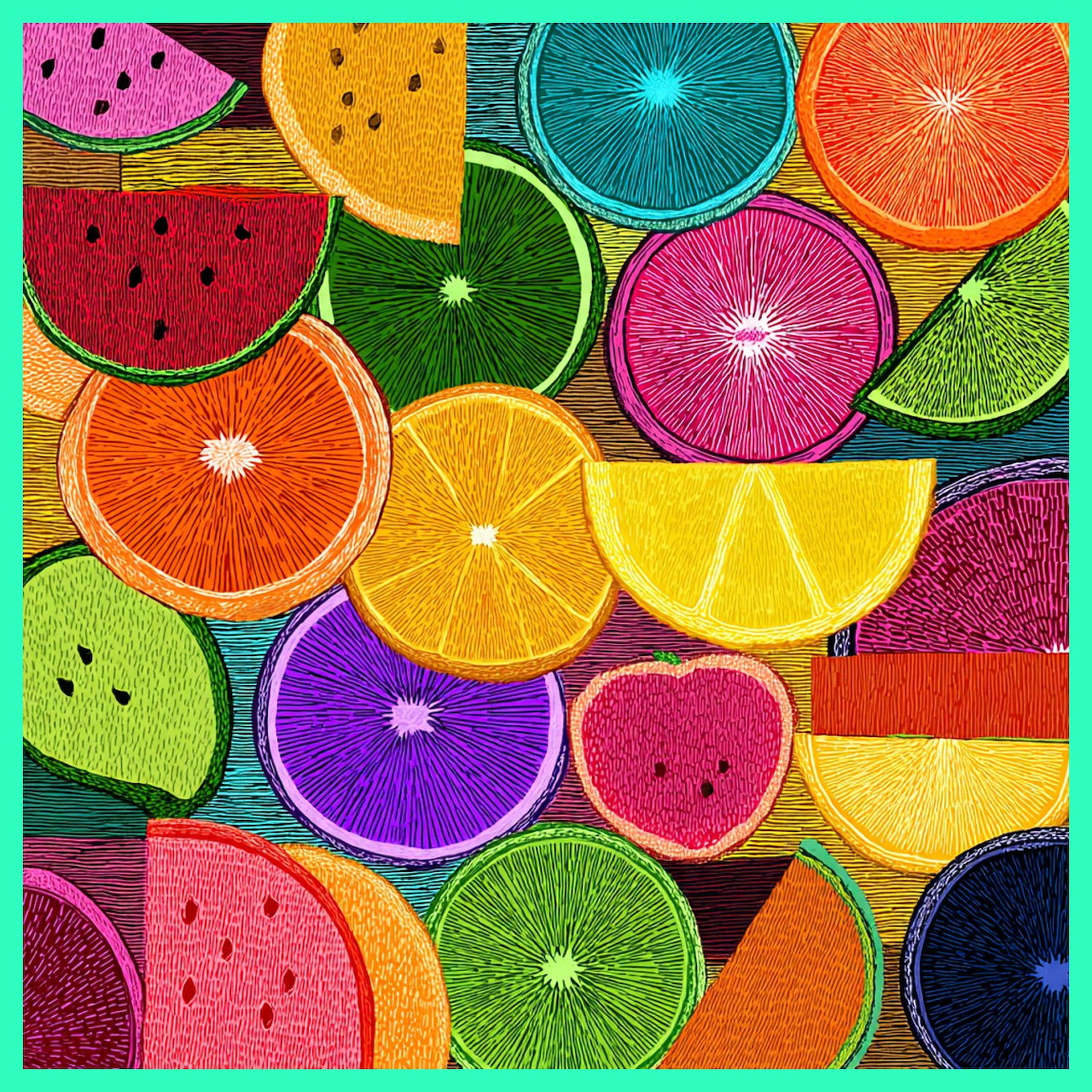 Colorful assortment of sliced citrus fruits and watermelon arranged in a vibrant pattern