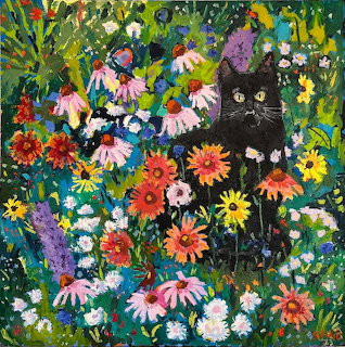 Black cat surrounded by colorful wildflowers in an impressionistic meadow painting