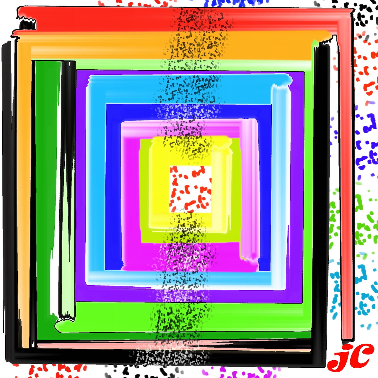 Abstract art with concentric colorful squares and paint splatters