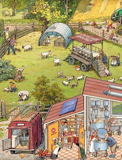 Illustrated farm scene showing market stalls, sheep grazing, barn with people dining, trees and countryside setting