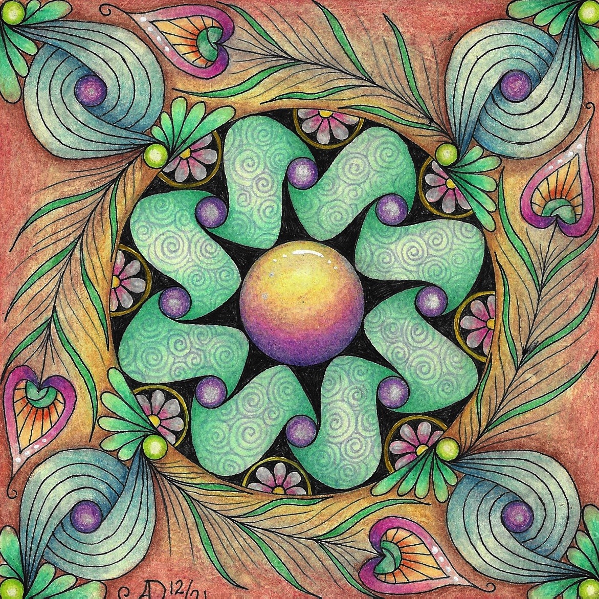 Colorful zentangle mandala with intricate swirls and symmetrical patterns in green, purple, and coral