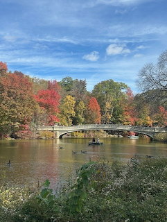 Bow Bridge over a lake in Central Park surrounded by colorful autumn trees under a blue sky