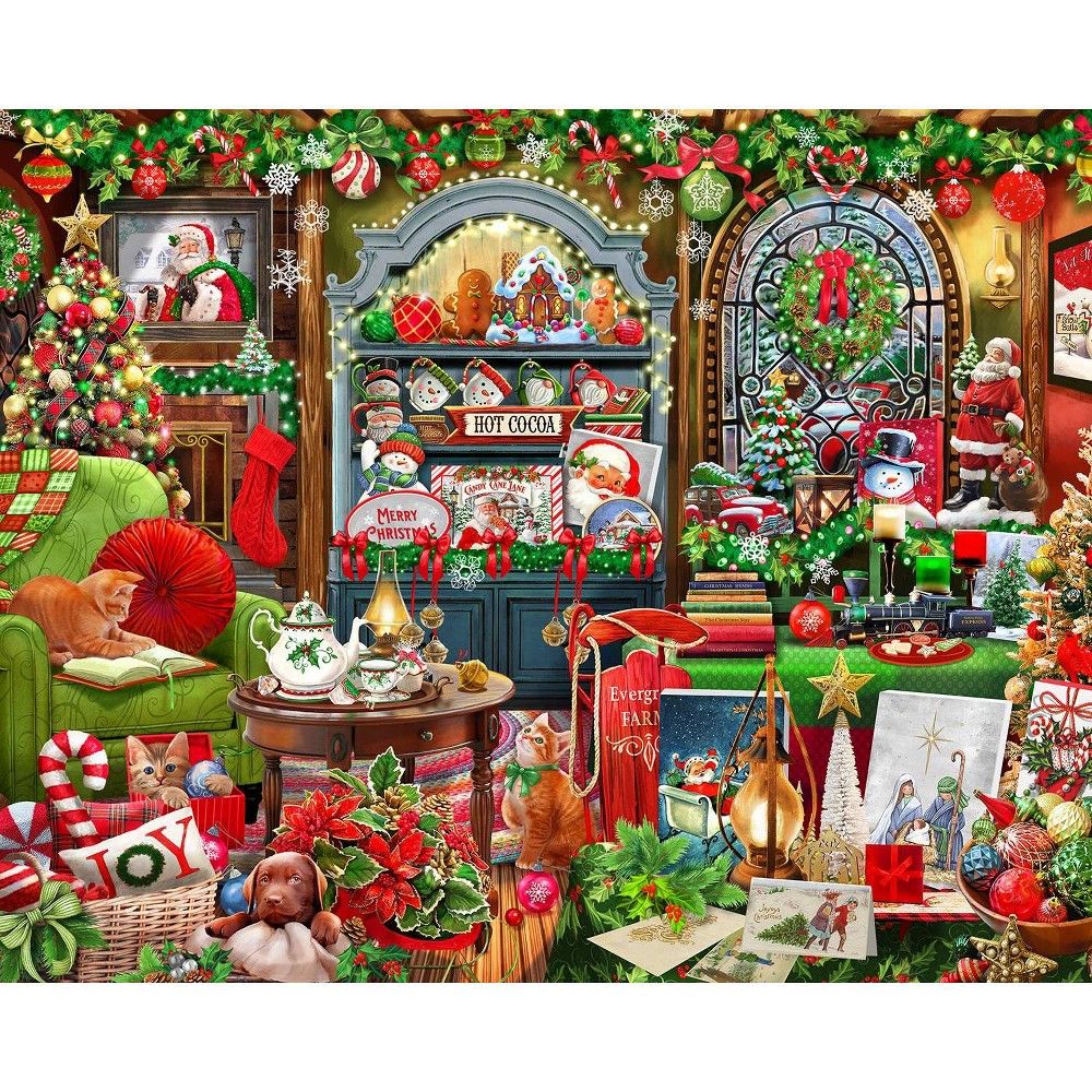Cozy Christmas room with vintage decorations, Santa, snow globes, presents, and festive ornaments