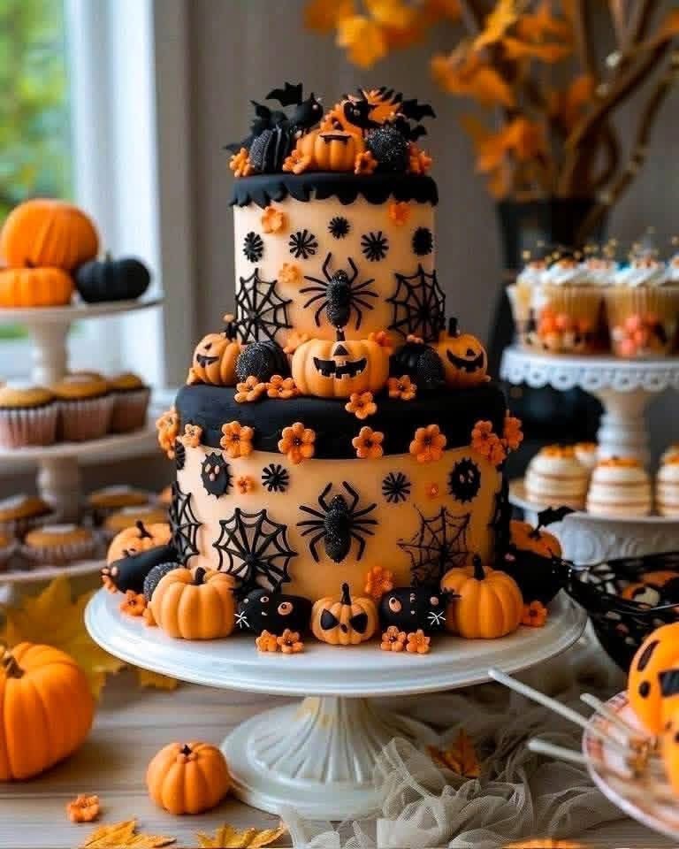 Three-tier Halloween cake with orange frosting, black spider and bat decorations, mini pumpkins on white cake stand