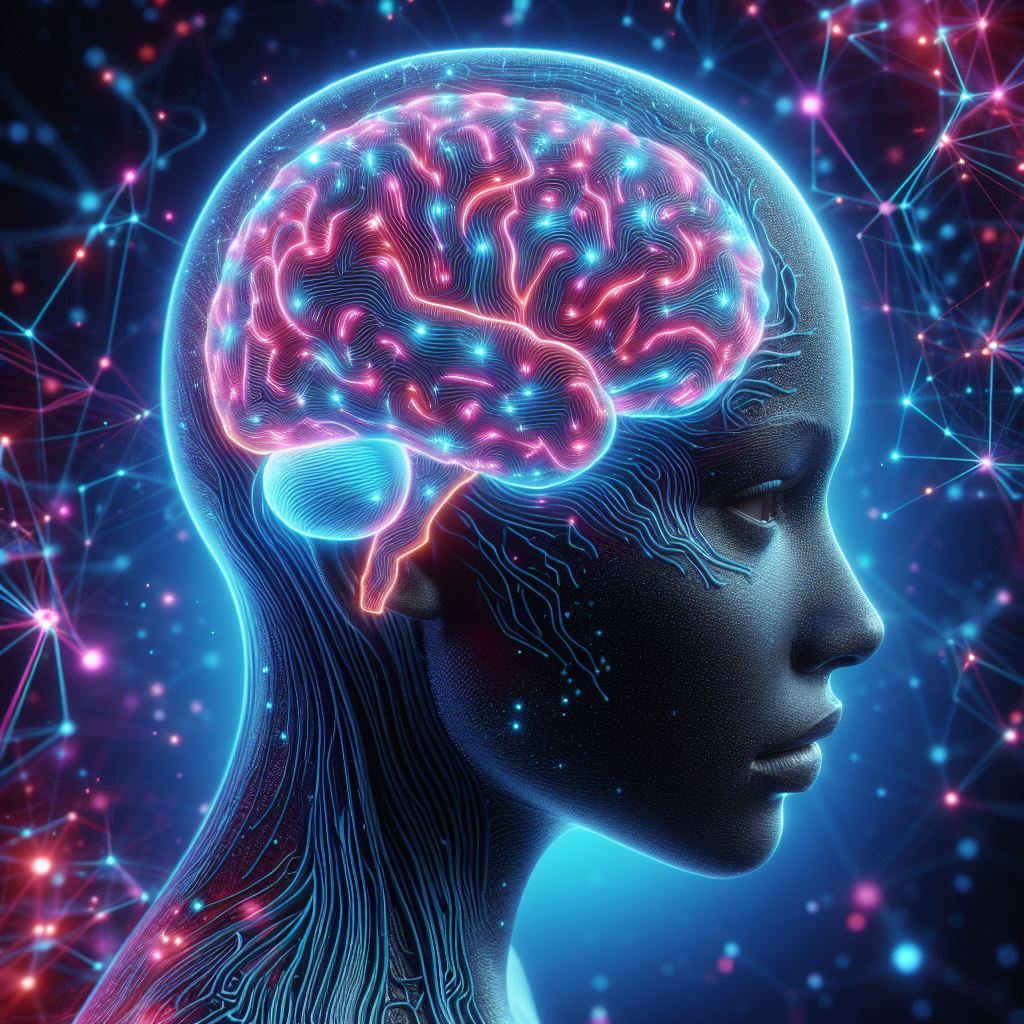 Illustrated side profile of a human head with a glowing brain and neon neural connections