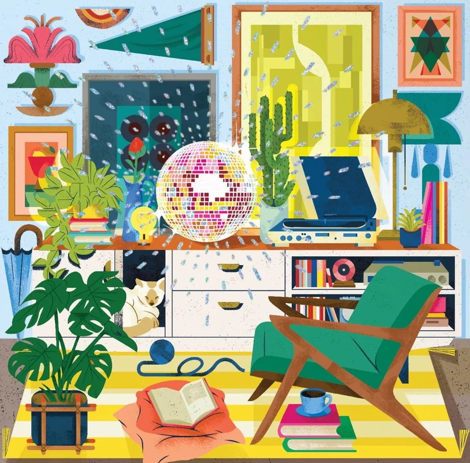 Illustrated retro living room with disco ball, green armchair, plants, and colorful decor in 1970s style