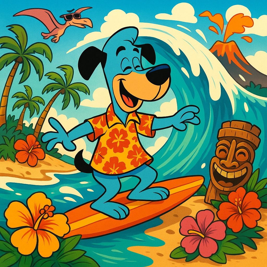 Blue cartoon dog surfing on wave wearing Hawaiian shirt with tiki statue, palm trees, and tropical flowers