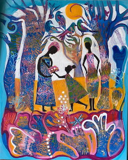 Colorful folk art showing human figures, animals, birds, and plants in decorative style with bold patterns