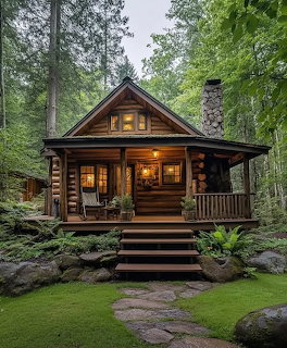 Cozy log cabin with glowing windows surrounded by dense green forest and natural stone pathway