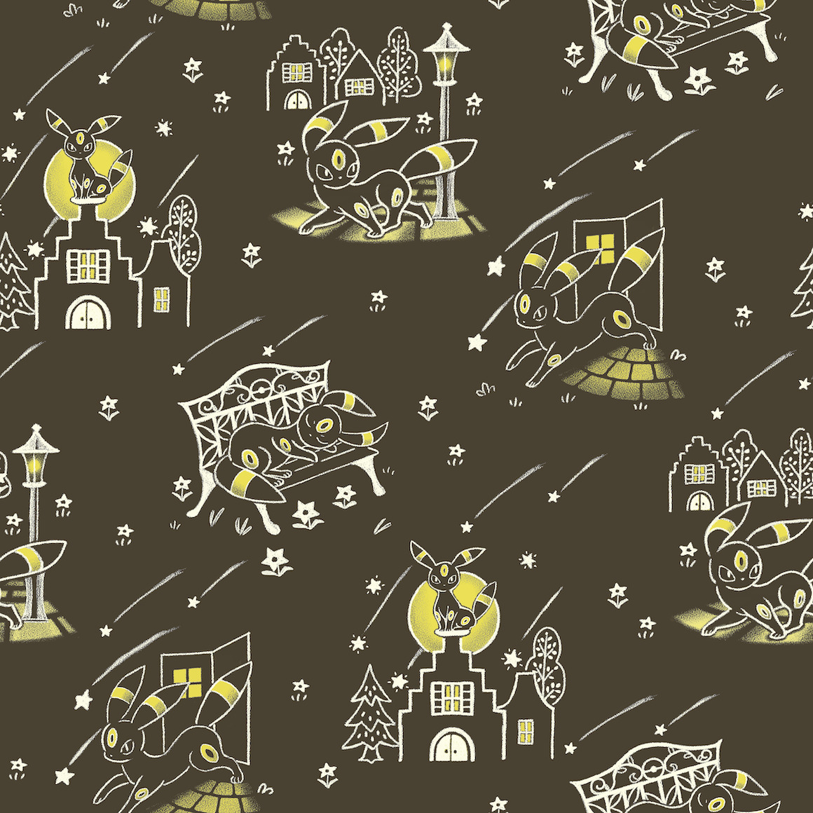 Repeating Umbreon Pokémon pattern with stars, moons, small houses, and trees on a dark background