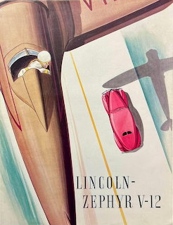 Art deco 1936 Lincoln-Zephyr V-12 brochure cover with red car and airplane viewed from above