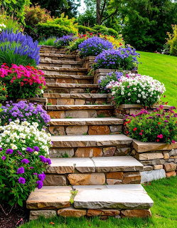 Stone stairs curving through a colorful flower garden with purple, pink, and white blooms