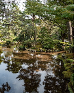 Peaceful Japanese garden pond surrounded by trees and moss-covered stones with reflections in still water