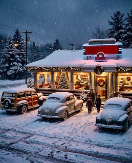 Snow-covered diner with holiday lights and vintage cars on a winter evening